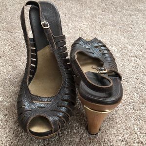 Michael kors brown leather wooden heels